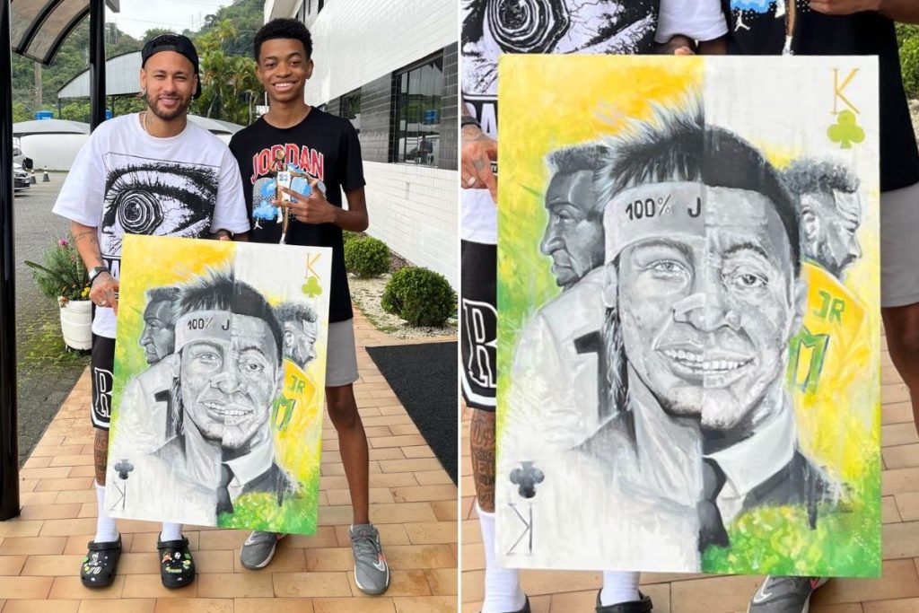 Jovem artista presenteia neymar com obra homenageando o ídolo e pelé