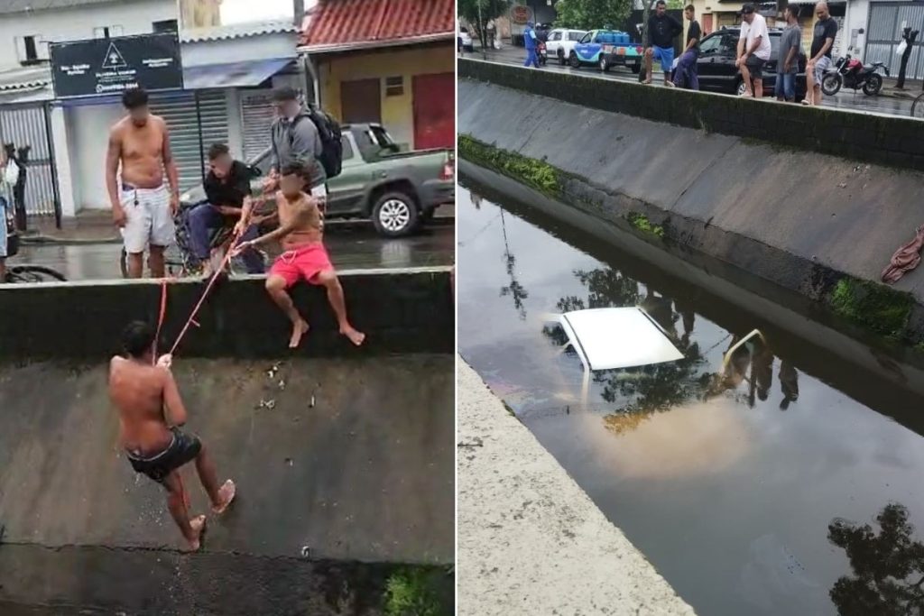 Motorista capota carro e cai em canal de praia grande; VÍDEO mostra